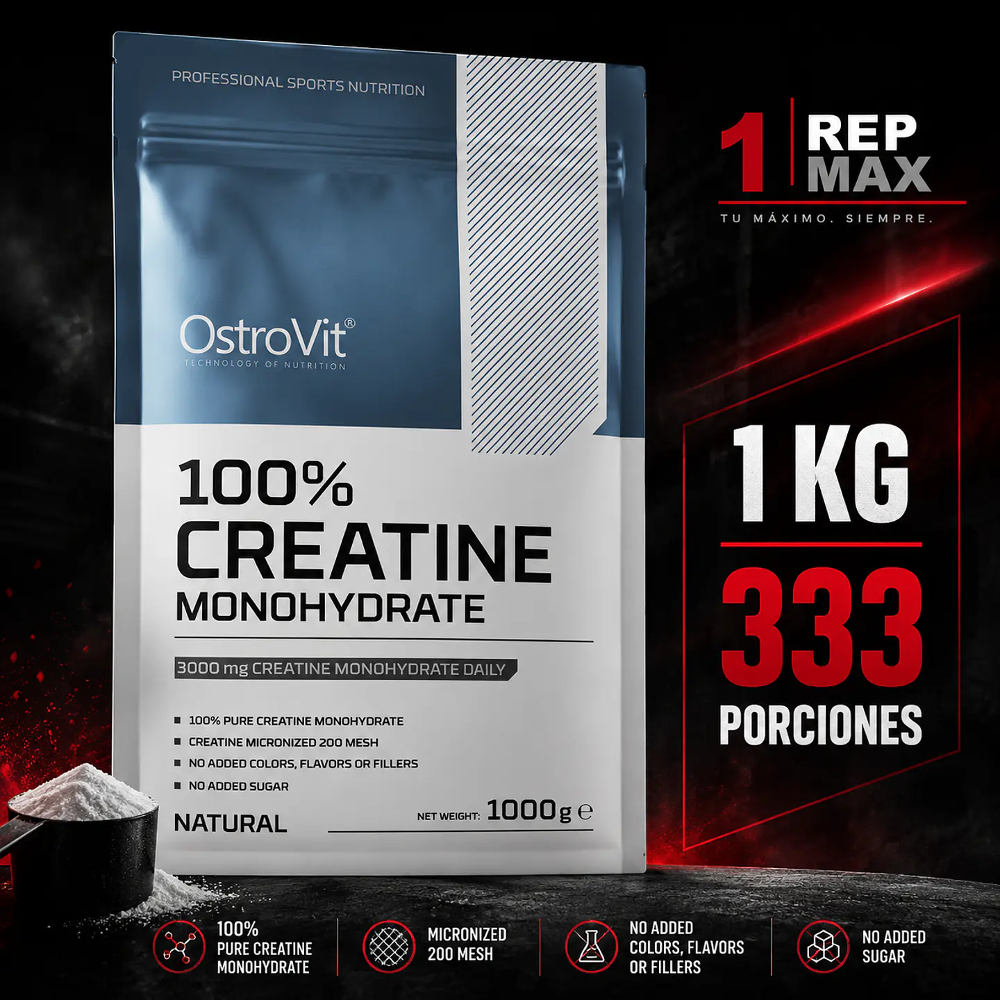 Creatina Monohidratada 1kg Sin Sabor | 333 Porciones 1