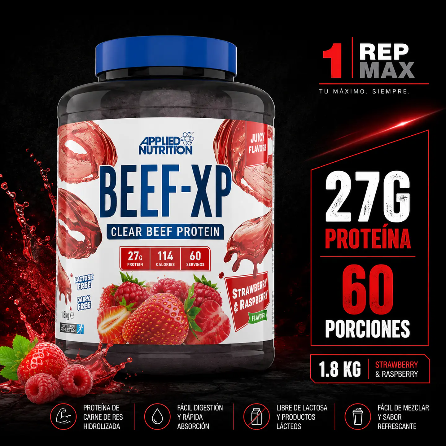 Proteína Beef XP 1.8kg | STRAWBERRY AND RASPBERRY  60 Porciones Sin Lactosa AN 1
