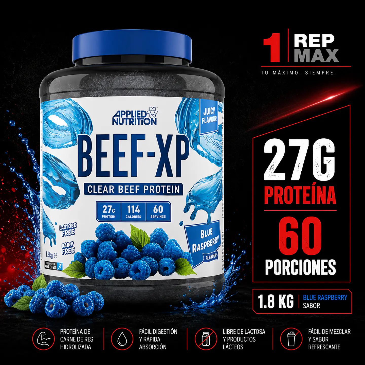 Proteína Beef XP 1.8kg | BLUE RASPBERRY 60 Porciones Sin Lactosa AN 1