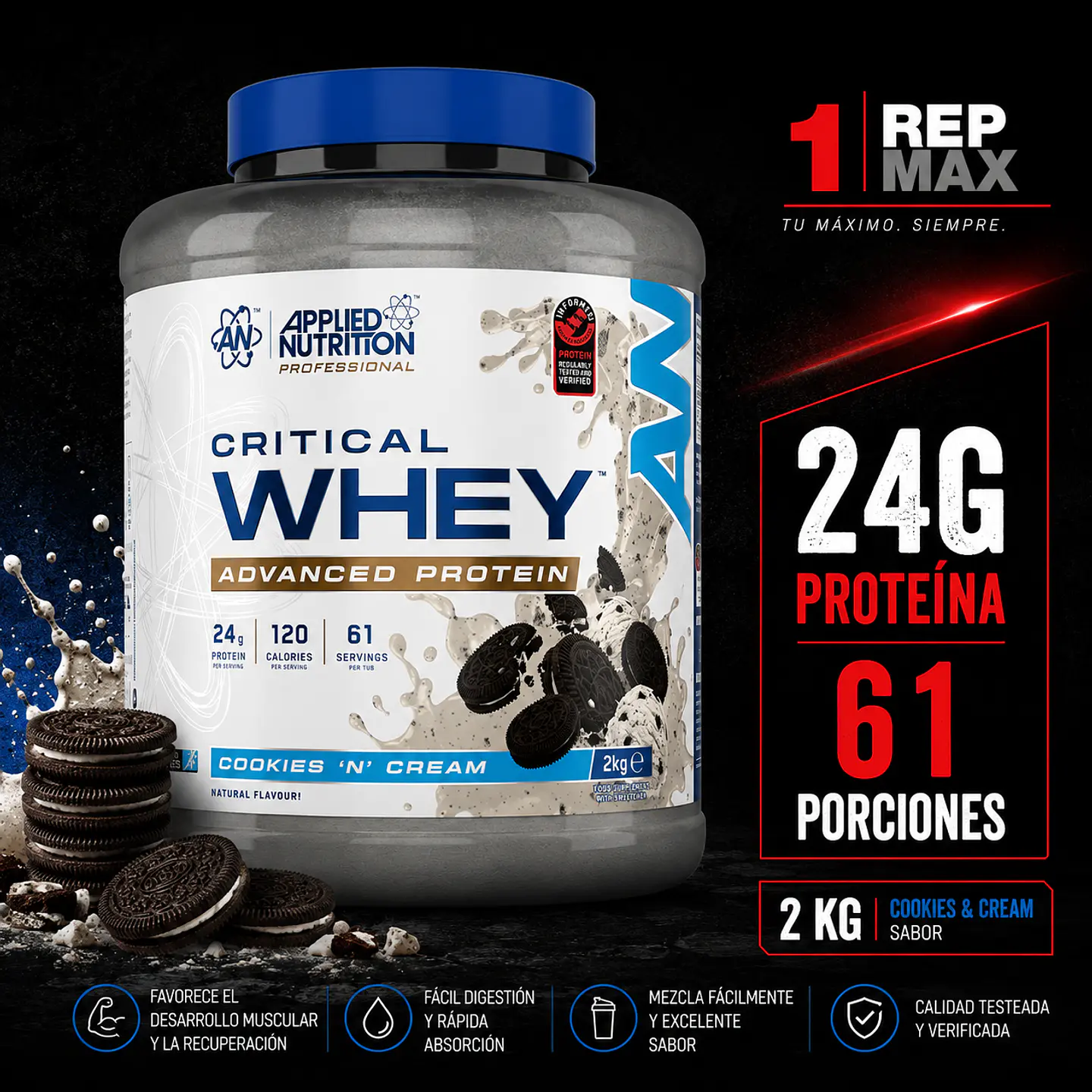 Proteína Critical Whey 2kg | COOKIES AND CREAM 61 Porciones 24g AN 1