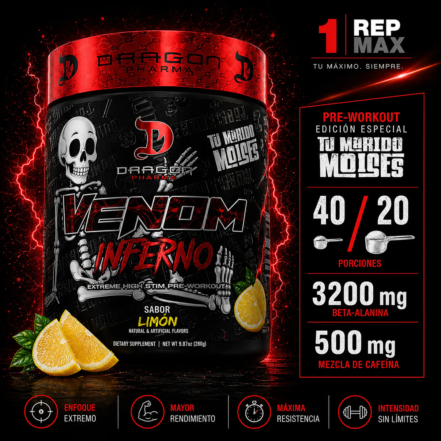 Venom Inferno Pre-Entreno Limón | 40 Porciones Dragon 