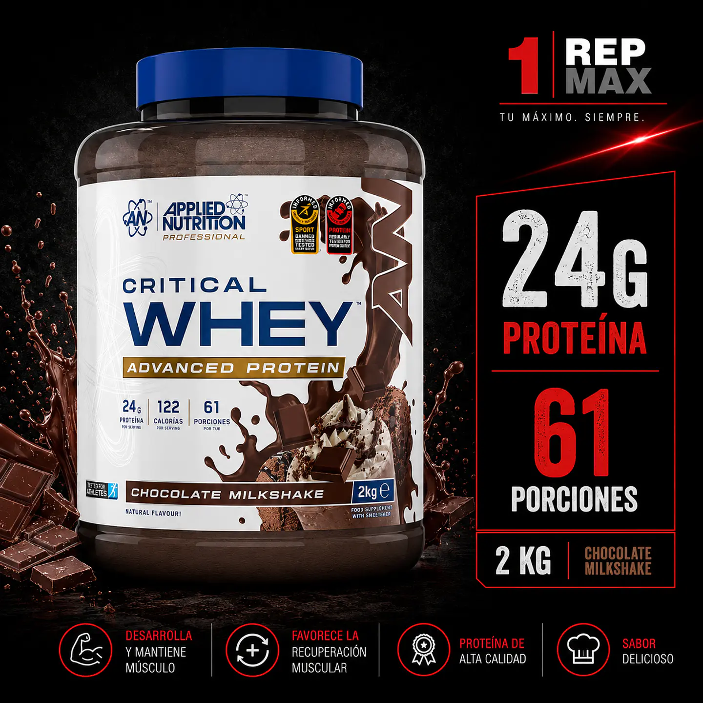 Proteína Critical Whey 2kg | CHOCOLATE MILKSHAKE 61 Porciones 24g AN 1