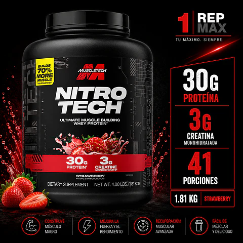 Proteína Nitro-Tech 4lb Strawberry | 41 Porciones 30g MT