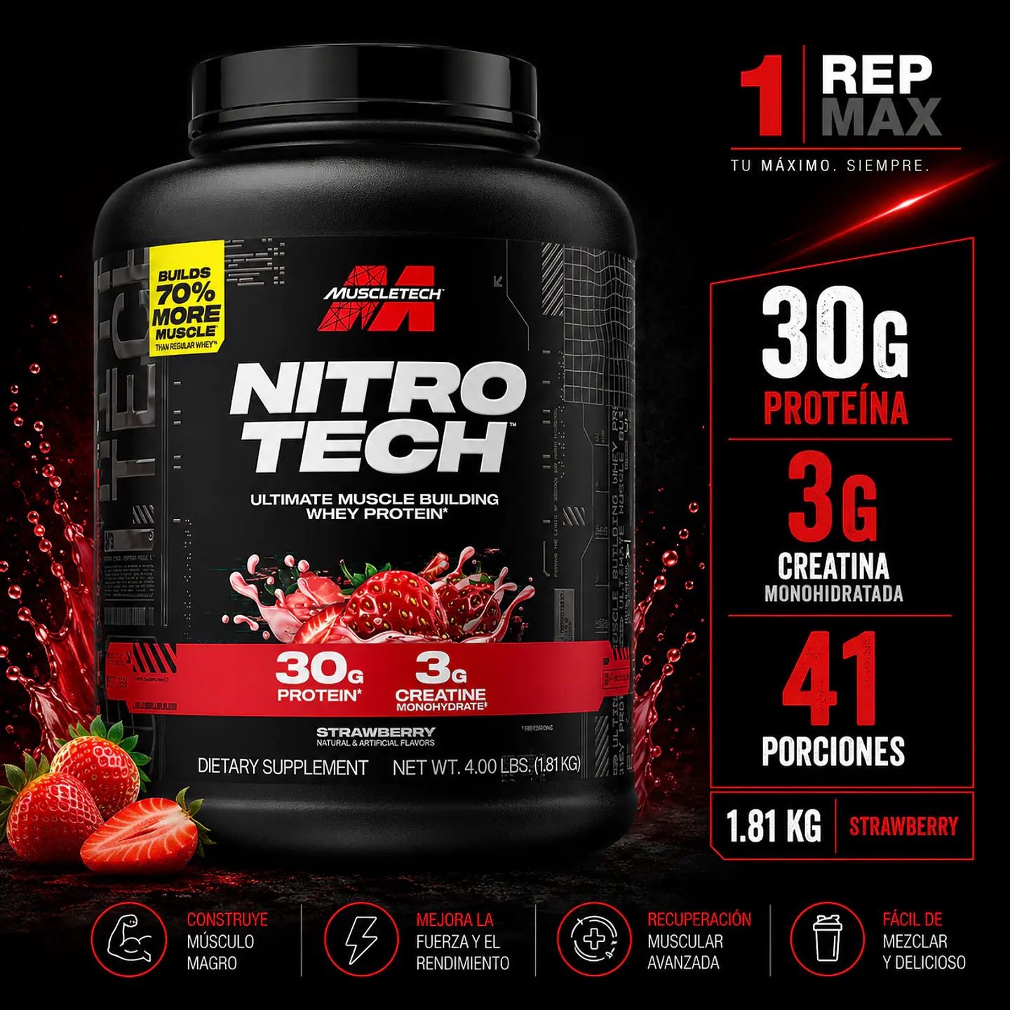 Proteína Nitro-Tech 4lb Strawberry | 41 Porciones 30g MT 1