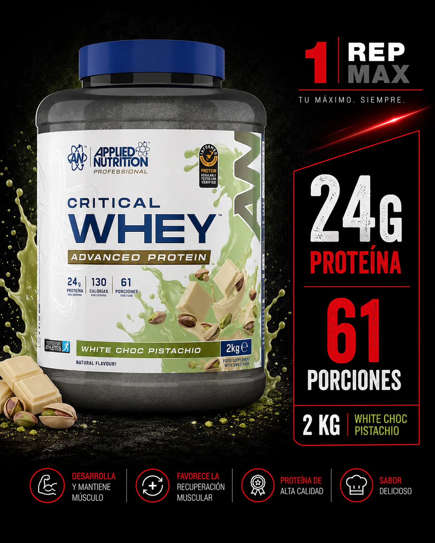 Proteína Critical Whey 2kg | White Choc Pistacho 61 Porciones 24g AN 1