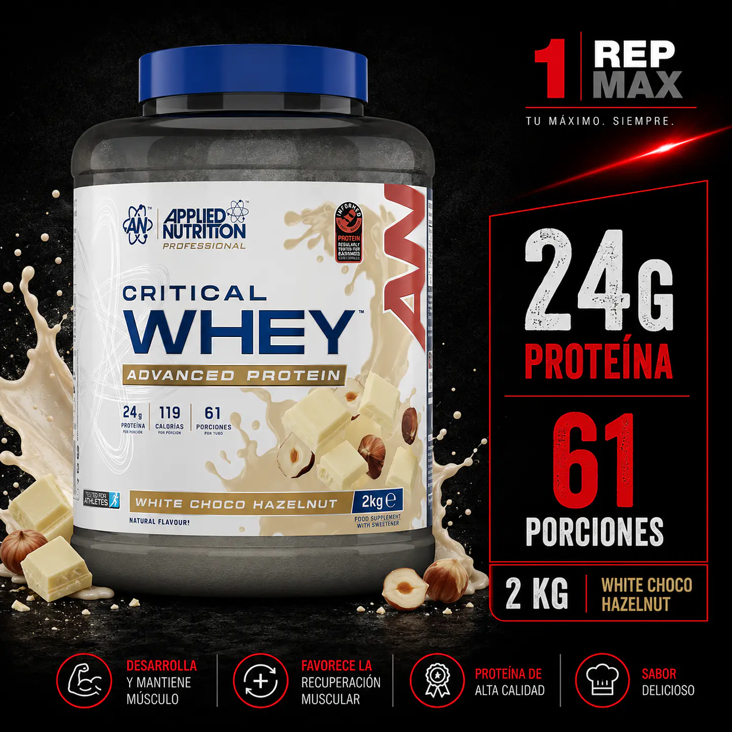 Proteína Critical Whey 2kg | White Choc Hazelnut 61 Porciones 24g AN 1