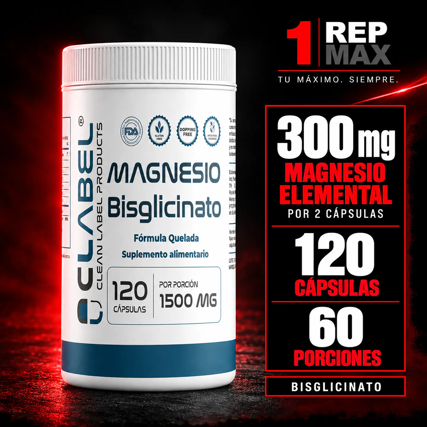 Magnesio Bisglicinato 120 cápsulas 300 mg de magnesio elemental 1