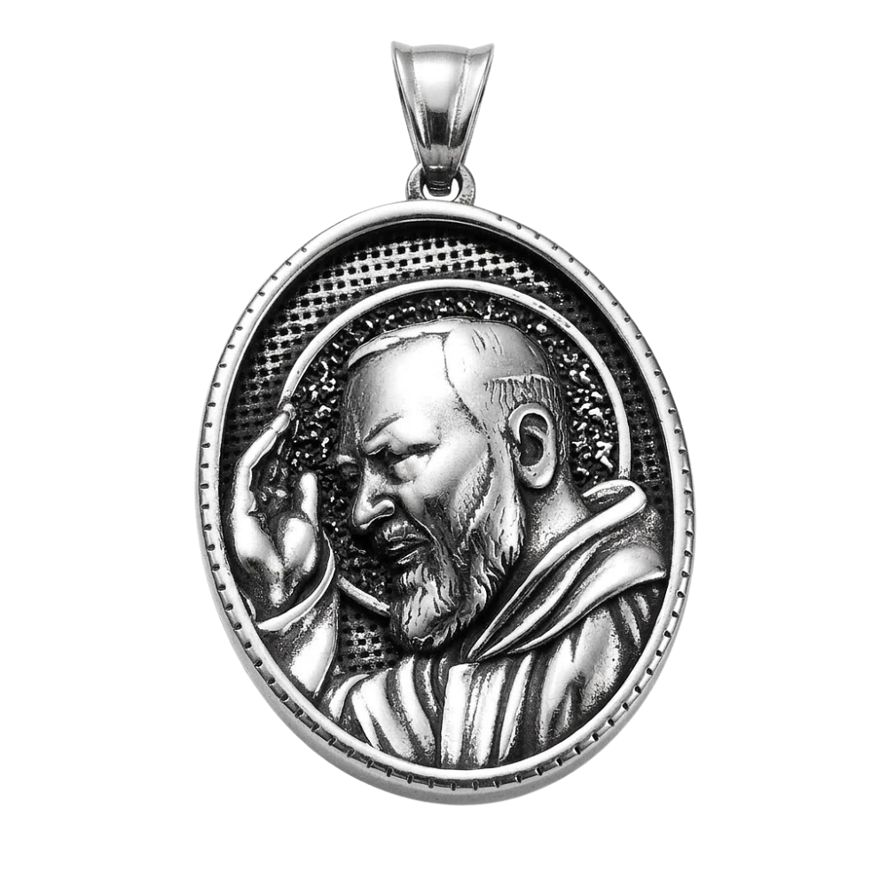 Collar Santo Padre Pío De Pietrelcina Rostro Acero Macizo Plateado