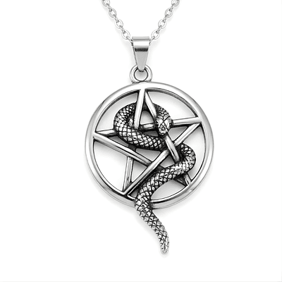 Collar Pentagrama Con Serpiente Acero Macizo Plateado
