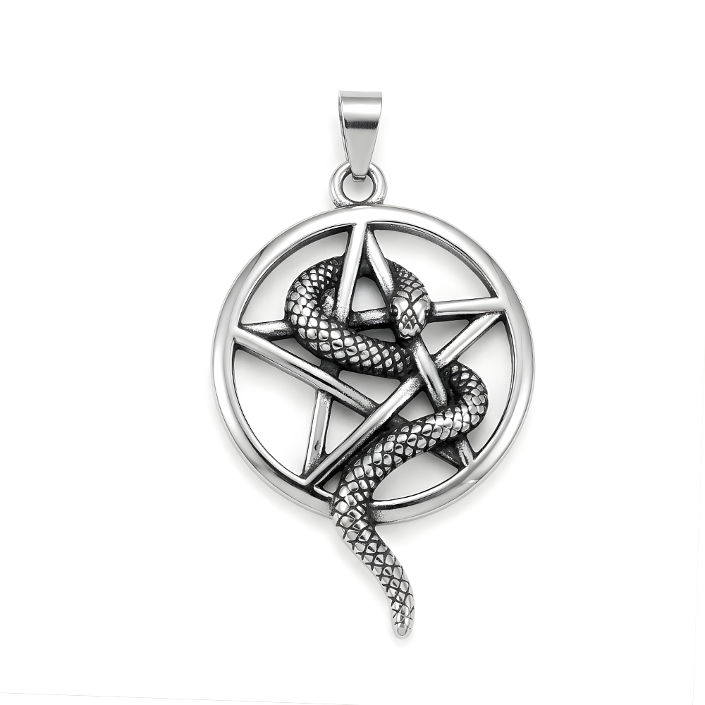 Collar Pentagrama Con Serpiente Acero Macizo Plateado