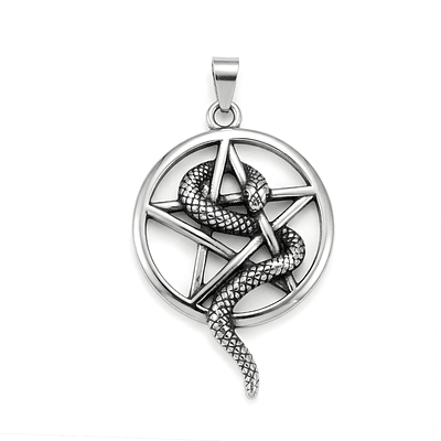 Collar Pentagrama Con Serpiente Acero Macizo Plateado