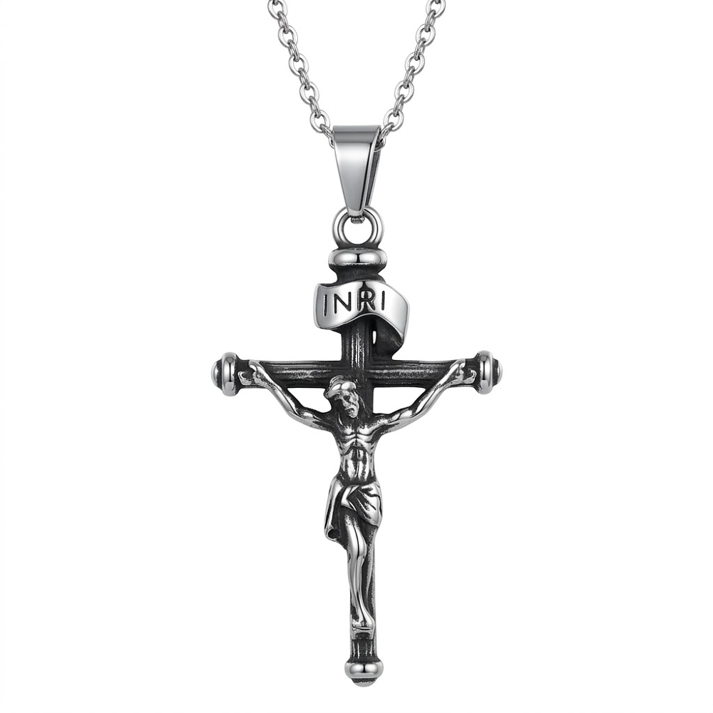 Crucifijo Cristiano Collar Colgante Jesus En Acero Macizo Plateado