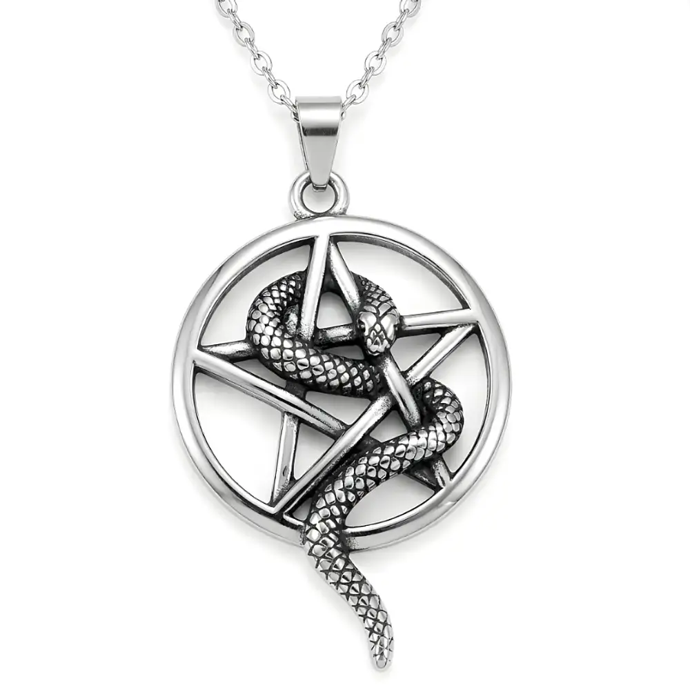 Collar Pentagrama Con Serpiente Acero Macizo Plateado