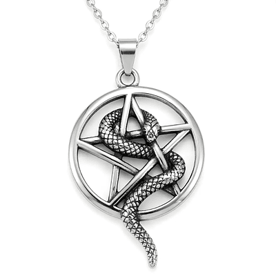 Collar Pentagrama Con Serpiente Acero Macizo Plateado