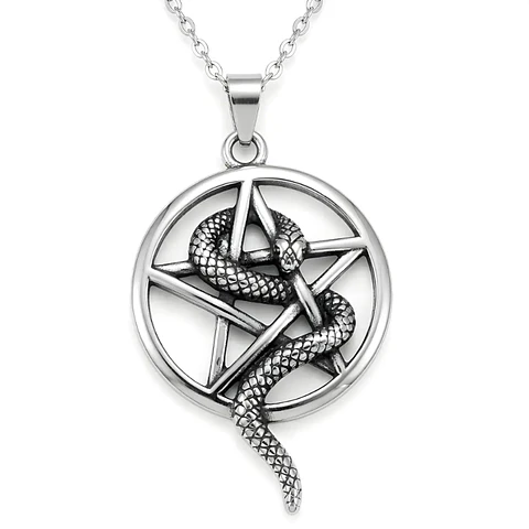 Collar Pentagrama Con Serpiente Acero Macizo Plateado