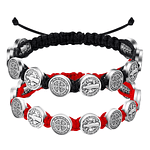 Negro + Rojo - Pulsera Proteccion Hilo Negro San Benito 10 Medallas 