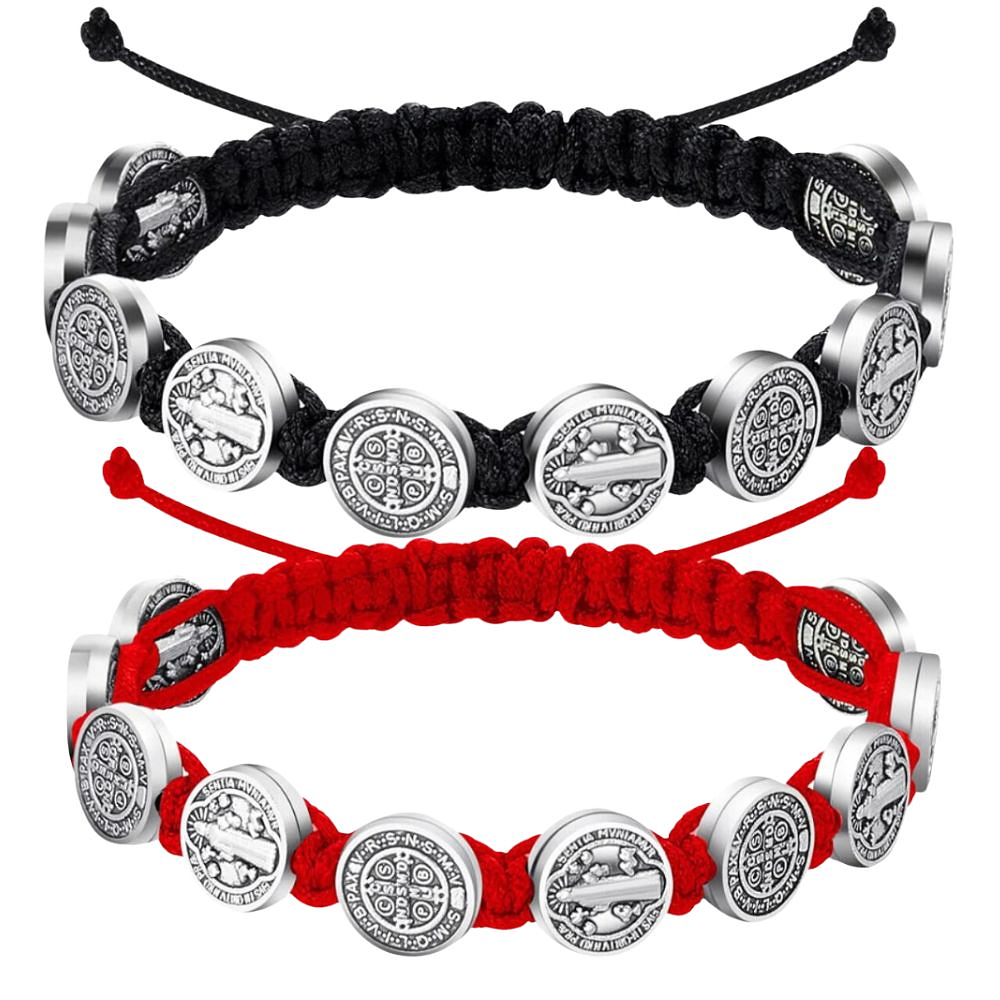 Negro + Rojo - Pulsera Proteccion Hilo Negro San Benito 10 Medallas 