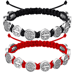 Negro + Rojo - Pulsera Proteccion Hilo Negro San Benito 10 Medallas 
