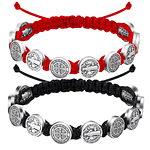 Negro + Rojo - Pulsera Proteccion Hilo Negro San Benito 10 Medallas 