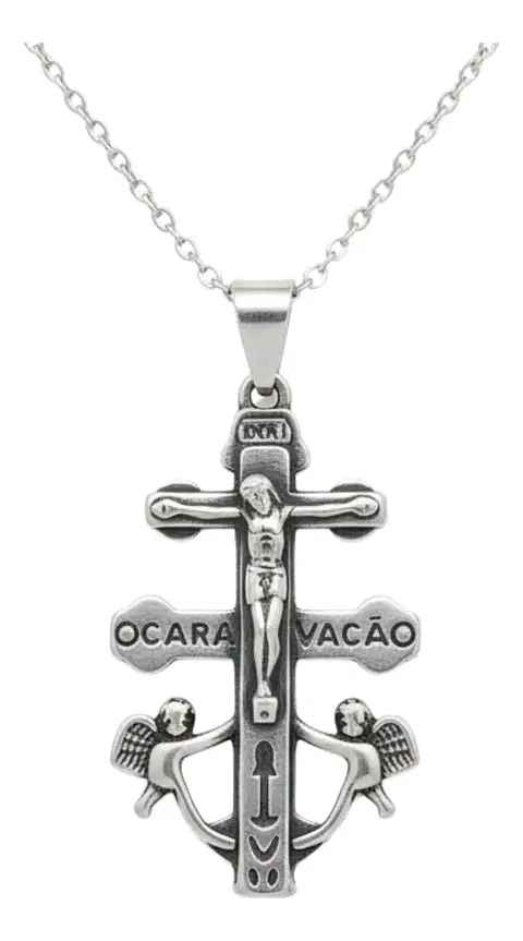 Cruz De Caravaca Collar Colgante Acero Macizo Plateado
