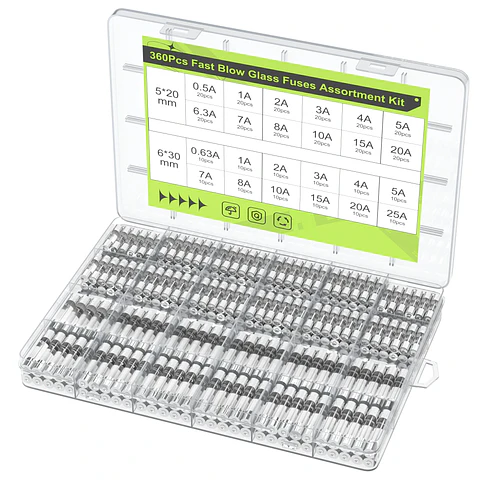 Kit 360 Fusibles de Vidrio Fusión Rápida 0.5A-25A (5x20mm y 6x30mm)