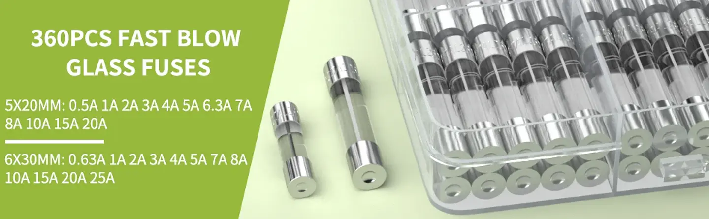 Kit 360 Fusibles de Vidrio Fusión Rápida 0.5A-25A (5x20mm y 6x30mm) 7
