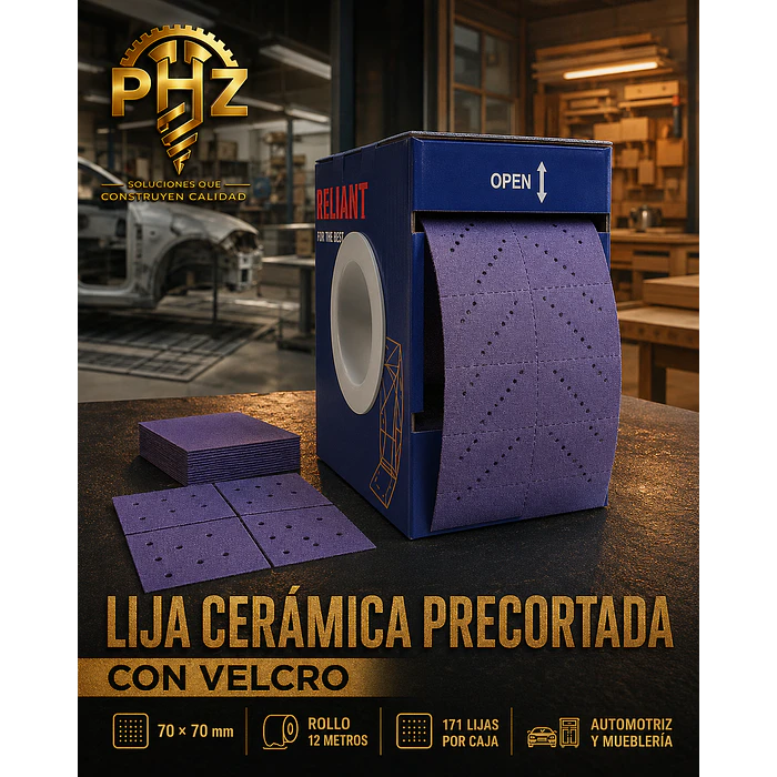Lija Cerámica Precortada 70 × 70 mm con Velcro – Rollo de 12 Metros