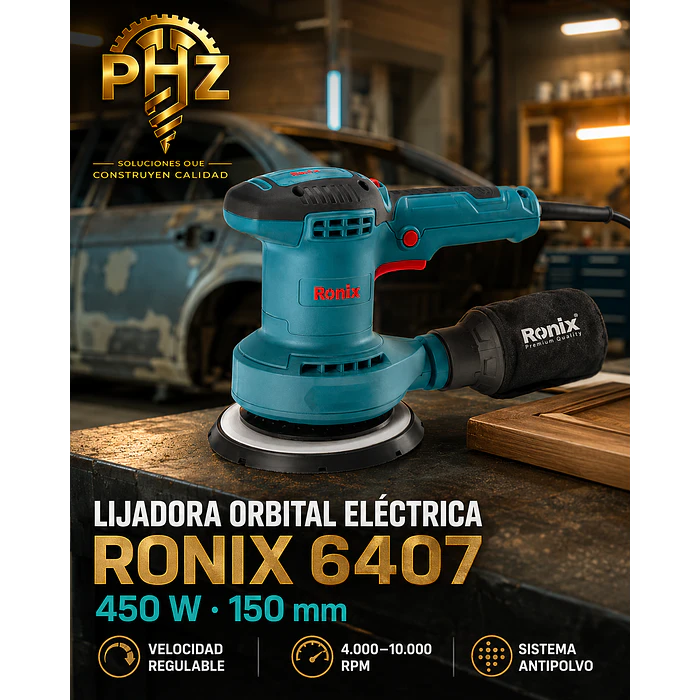 Lijadora Orbital Eléctrica Ronix 6407 de 150 mm – 450 W | Velocidad Regulable