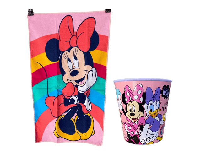 Set toalla + vaso Minnie arcoiris 