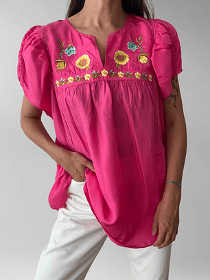 POLERA SEDA FUCSIA BORDADA I M-L