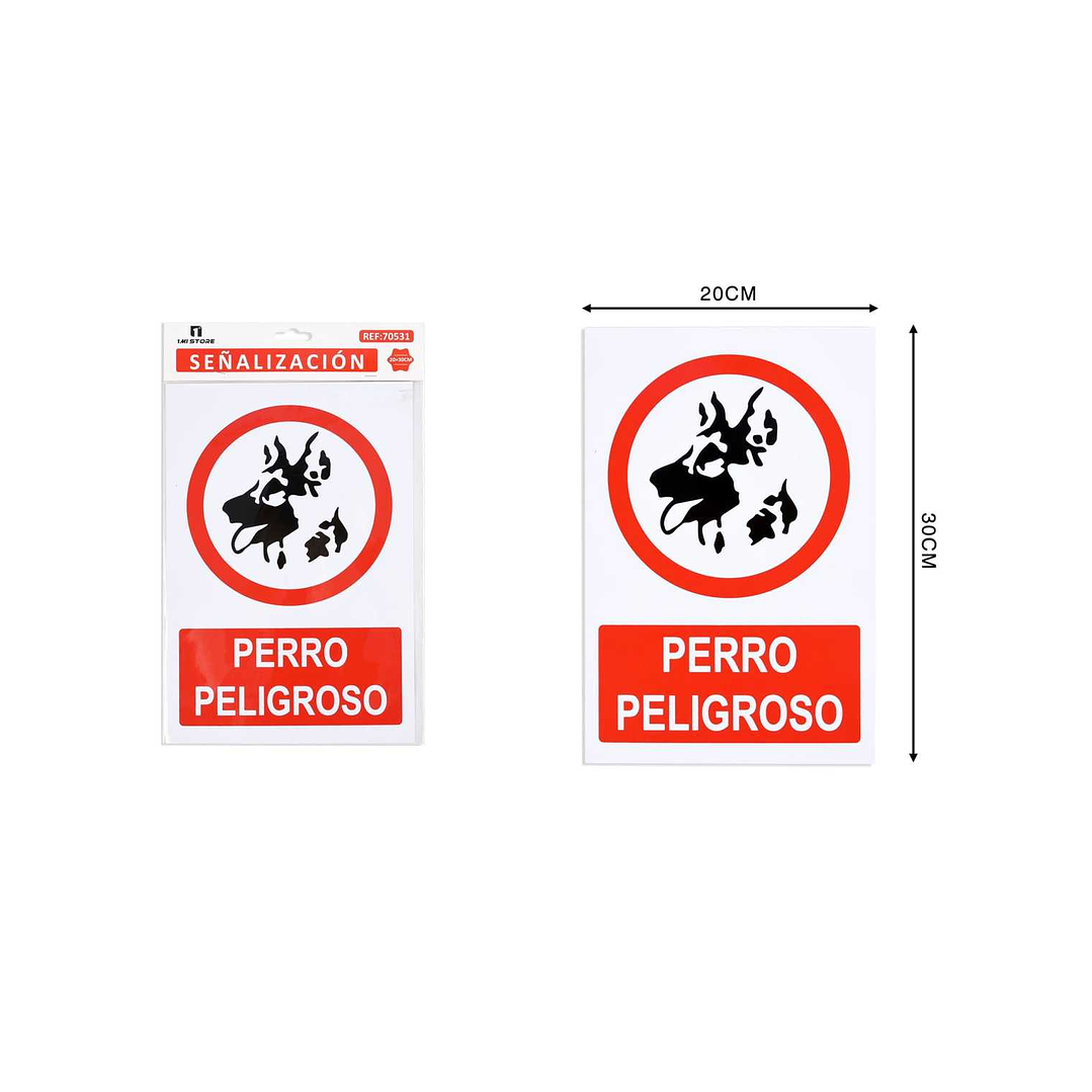 LETRERO DE PVC ADHESIVO PERRO PELIGROSO 30X20CM 1