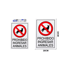 LETRERO DE PVC ADHESIVO PROHIBIDO INGRESAR ANIMALES 30X20CM