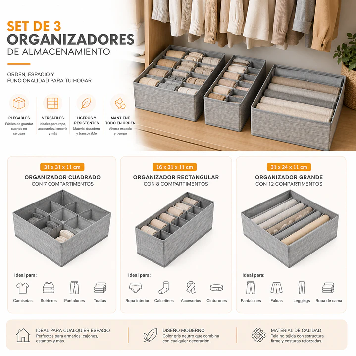 PACK 3 ORGANIZADOR DE ROPA INTERIOR GRIS 2