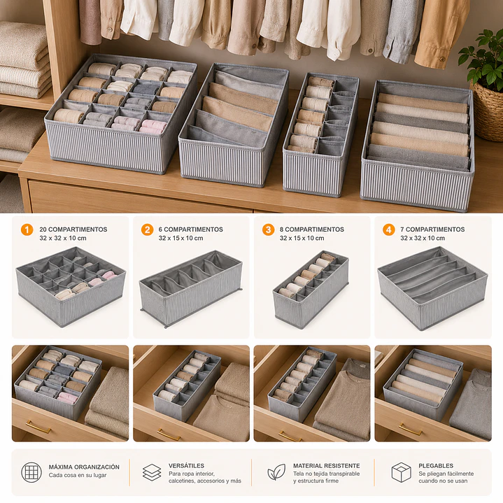 PACK 4 ORGANIZADORES DE ROPA INTERIOR GRIS CON RAYAS 2