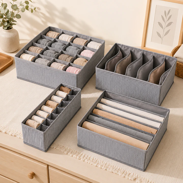 PACK 4 ORGANIZADORES DE ROPA INTERIOR GRIS CON RAYAS 3