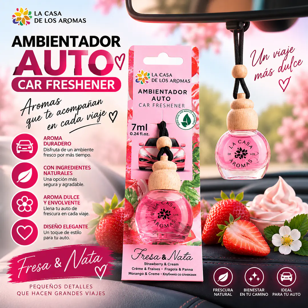 AMBIENTADOR COLGADO PARA AUTO FRESA Y NATA 7ML LA CASA DE LOS AROMAS 1