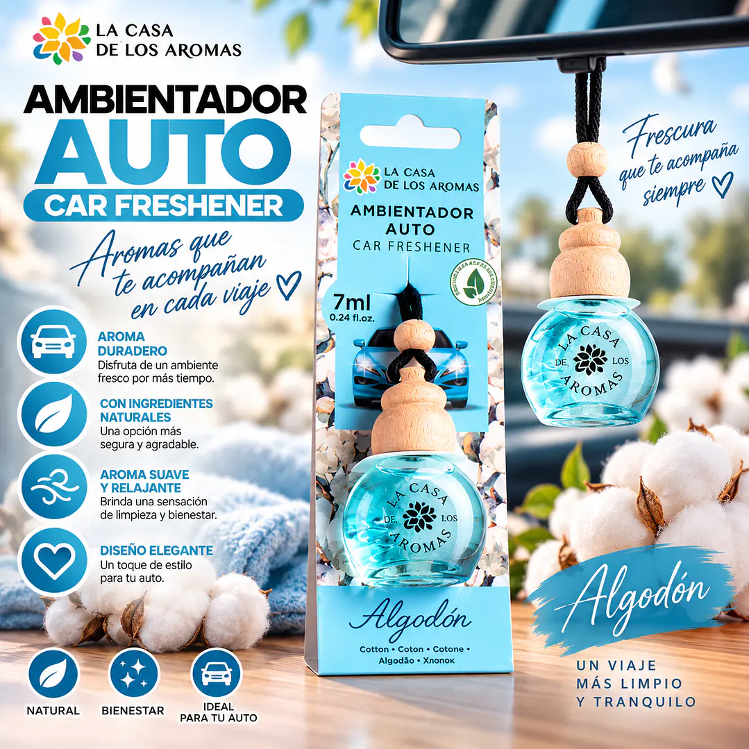 AMBIENTADOR COLGADO PARA AUTO ALGODON 7ML LA CASA DE LOS AROMAS 1