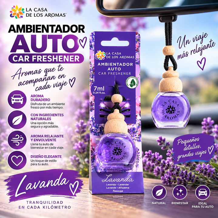 AMBIENTADOR COLGADO PARA AUTO LAVANDA 7ML LA CASA DE LOS AROMAS 1