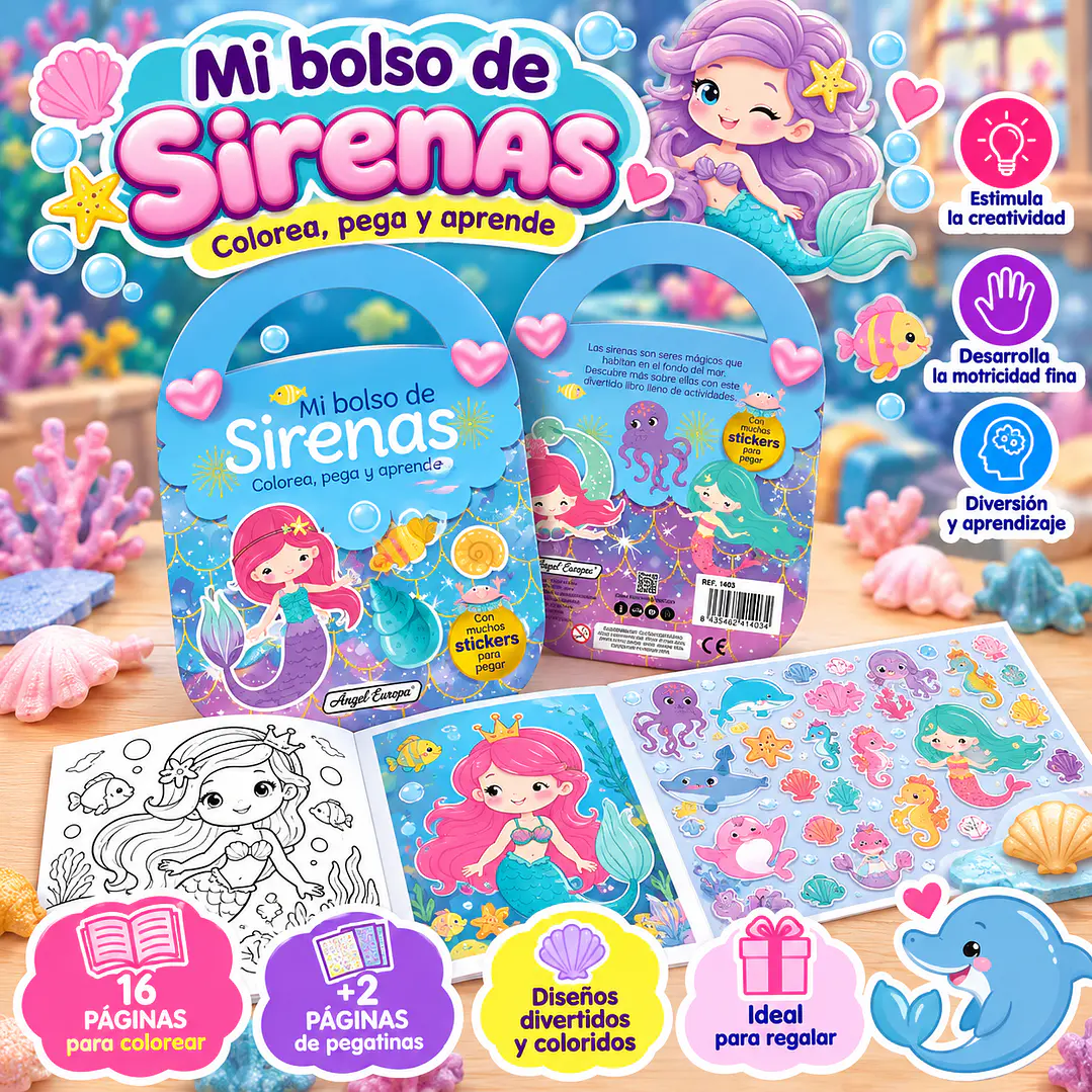 LIBRO MI BOLSO DE SIRENAS – COLOREA, PEGA Y APRENDE 1