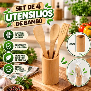SET DE 3 PIEZAS DE BAMBÚ CON PORTA UTENSILIOS