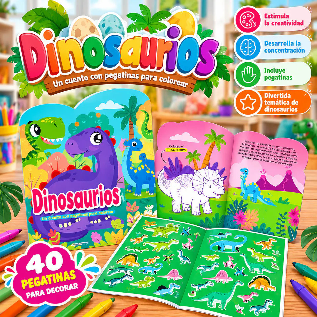 LIBRO PARA COLOREAR Y DECORAR CON PEGATINAS – DINOSAURIOS 1