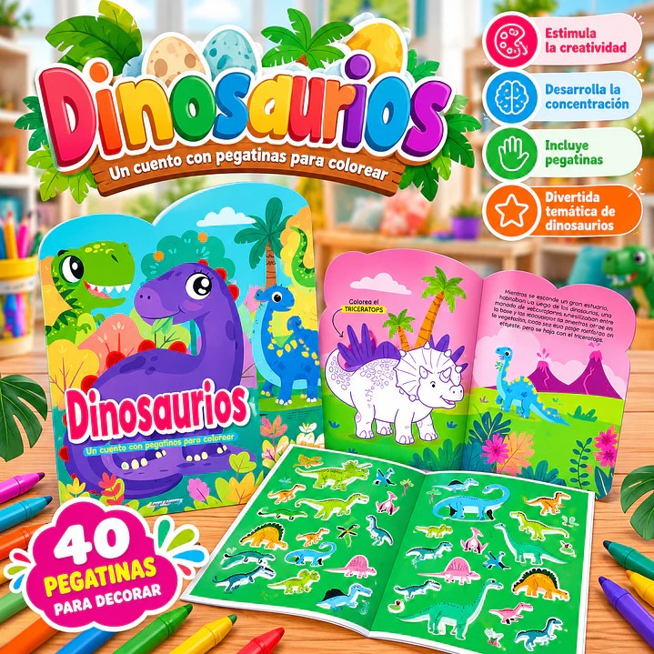 LIBRO PARA COLOREAR Y DECORAR CON PEGATINAS – DINOSAURIOS 1