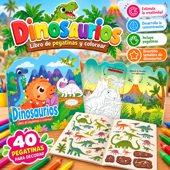 LIBRO PARA COLOREAR Y DECORAR CON PEGATINAS – DINOSAURIOS 1