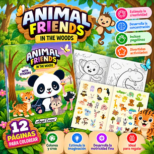LIBRO PARA COLOREAR Y PEGAR STICKERS – ANIMAL FRIENDS IN THE WOODS 