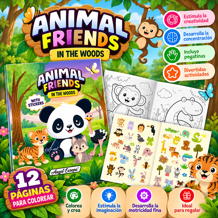 LIBRO PARA COLOREAR Y PEGAR STICKERS – ANIMAL FRIENDS IN THE WOODS  1