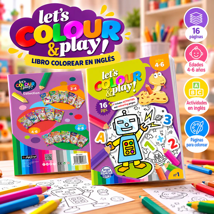 LIBRO PARA COLOREAR EN INGLÉS “LET’S COLOUR & PLAY!” – ROBOTS Y AVENTURAS 1