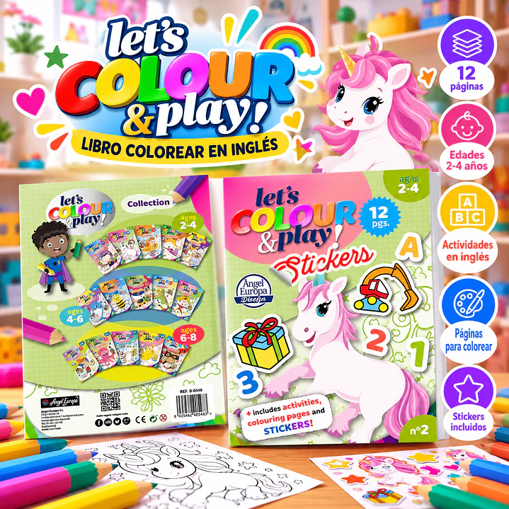 LIBRO PARA COLOREAR EN INGLÉS “LET’S COLOUR & PLAY! STICKERS” – UNICORNIO 1