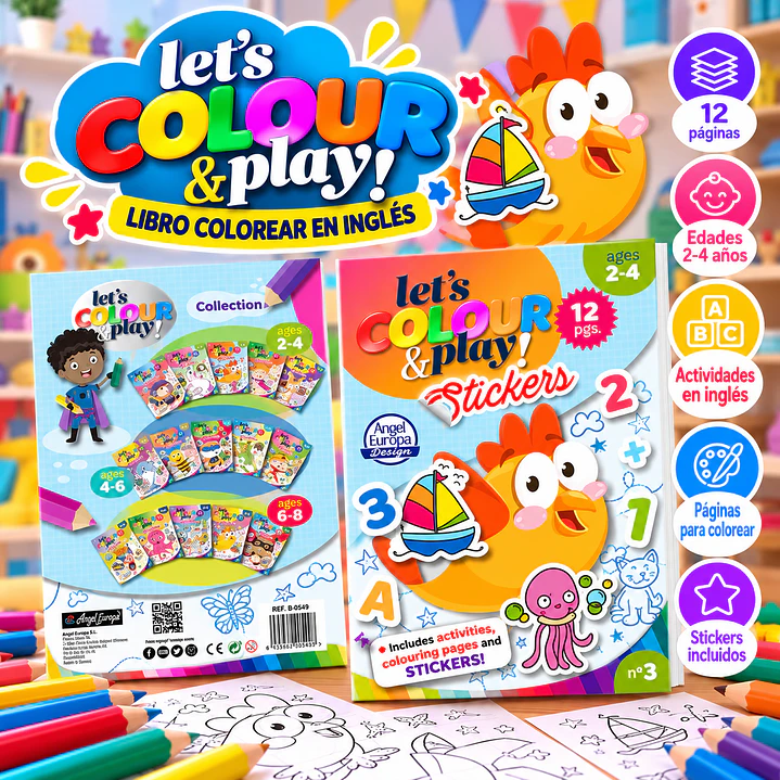 LIBRO PARA COLOREAR EN INGLÉS “LET’S COLOUR & PLAY! STICKERS” – ANIMALES MARINOS Y DIVERSIÓN 1