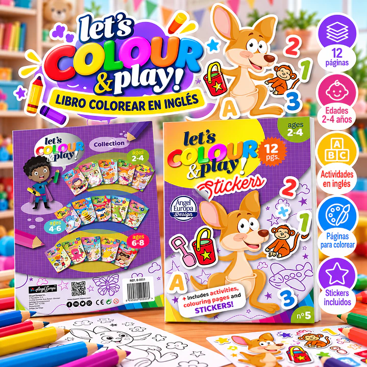 LIBRO PARA COLOREAR EN INGLÉS “LET’S COLOUR & PLAY! STICKERS” – CANGURO 1