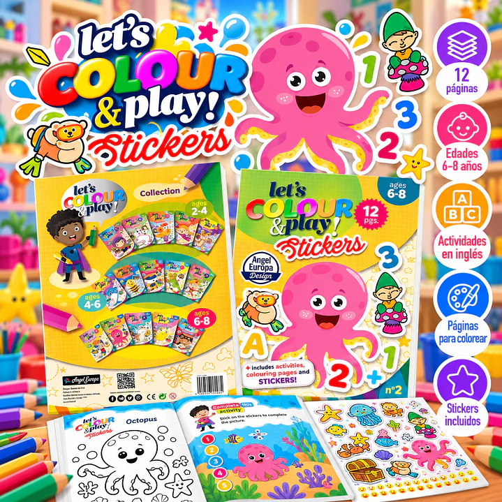 LIBRO PARA COLOREAR EN INGLÉS CON STICKERS LET'S COLOUR & PLAY 1
